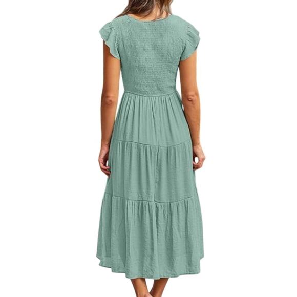 #2NWT Merokeety Light Green Midi Dress Smocked Top Flutter Sleeves Size Large - Picture 2 of 3